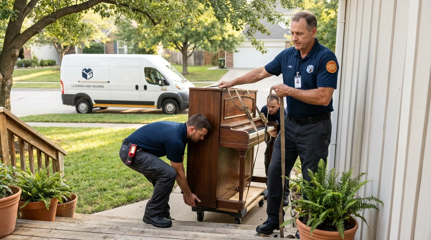 Licensed piano movers securing grand piano in Palm Coast, FL