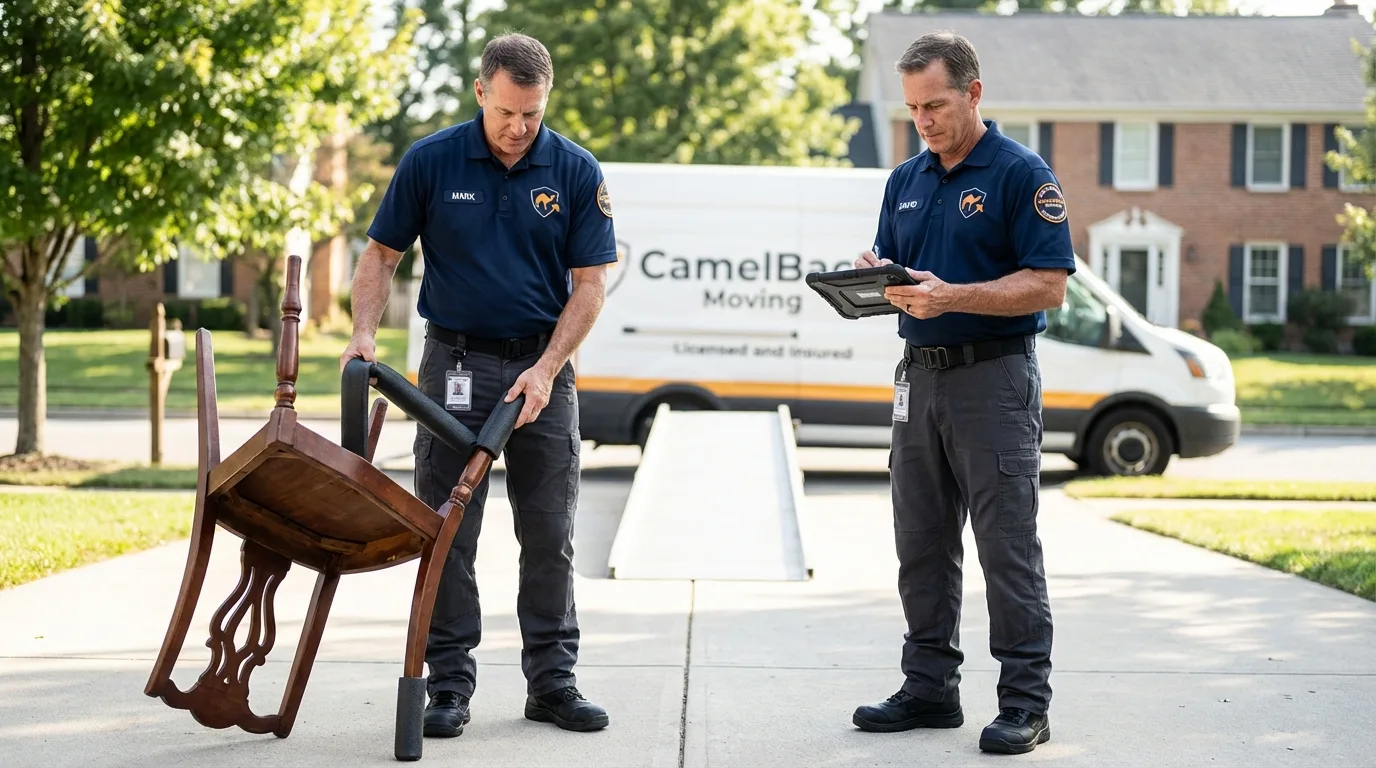 Movers inspecting furniture for damage prevention before loading in Palm Coast, FL