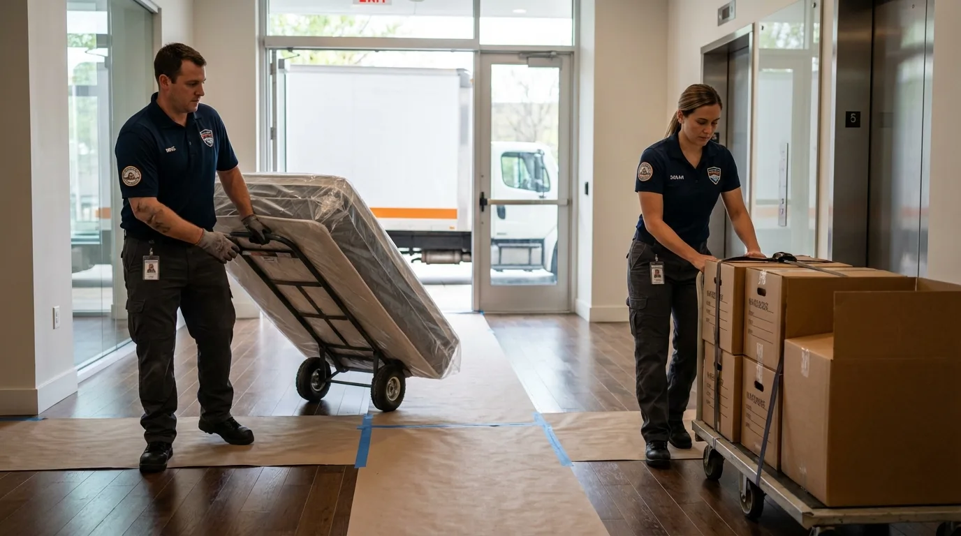 Professional apartment movers loading elevator in Palm Coast, FL
