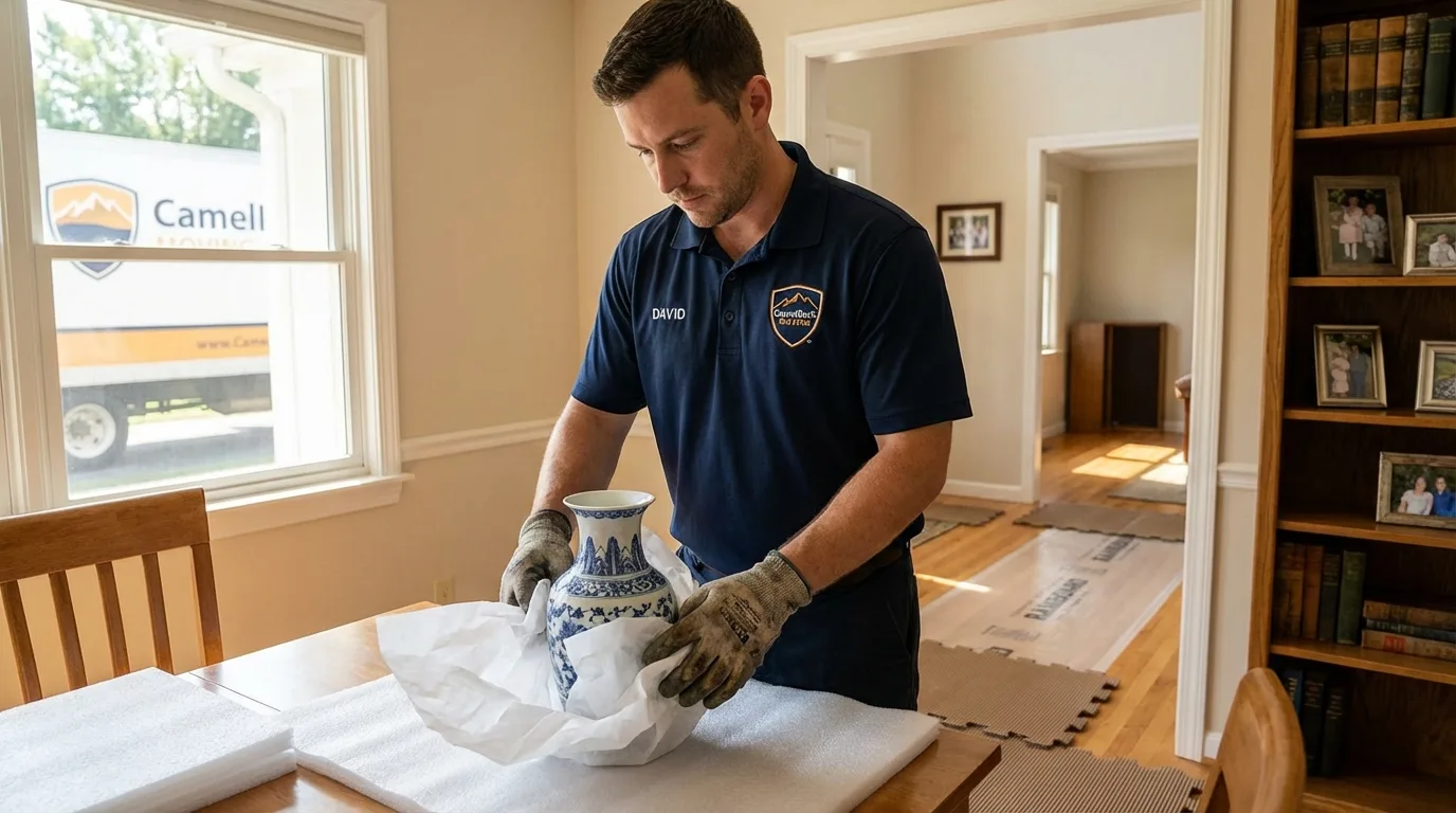 Professional crew carefully wrapping antique vase for senior downsizing move in Palm Coast, FL